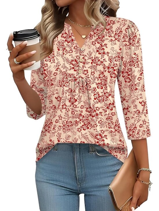Tops - Women's Apricot Red Long Sleeve Casual Henley V-Neck Floral T-Shirts Loose Fit